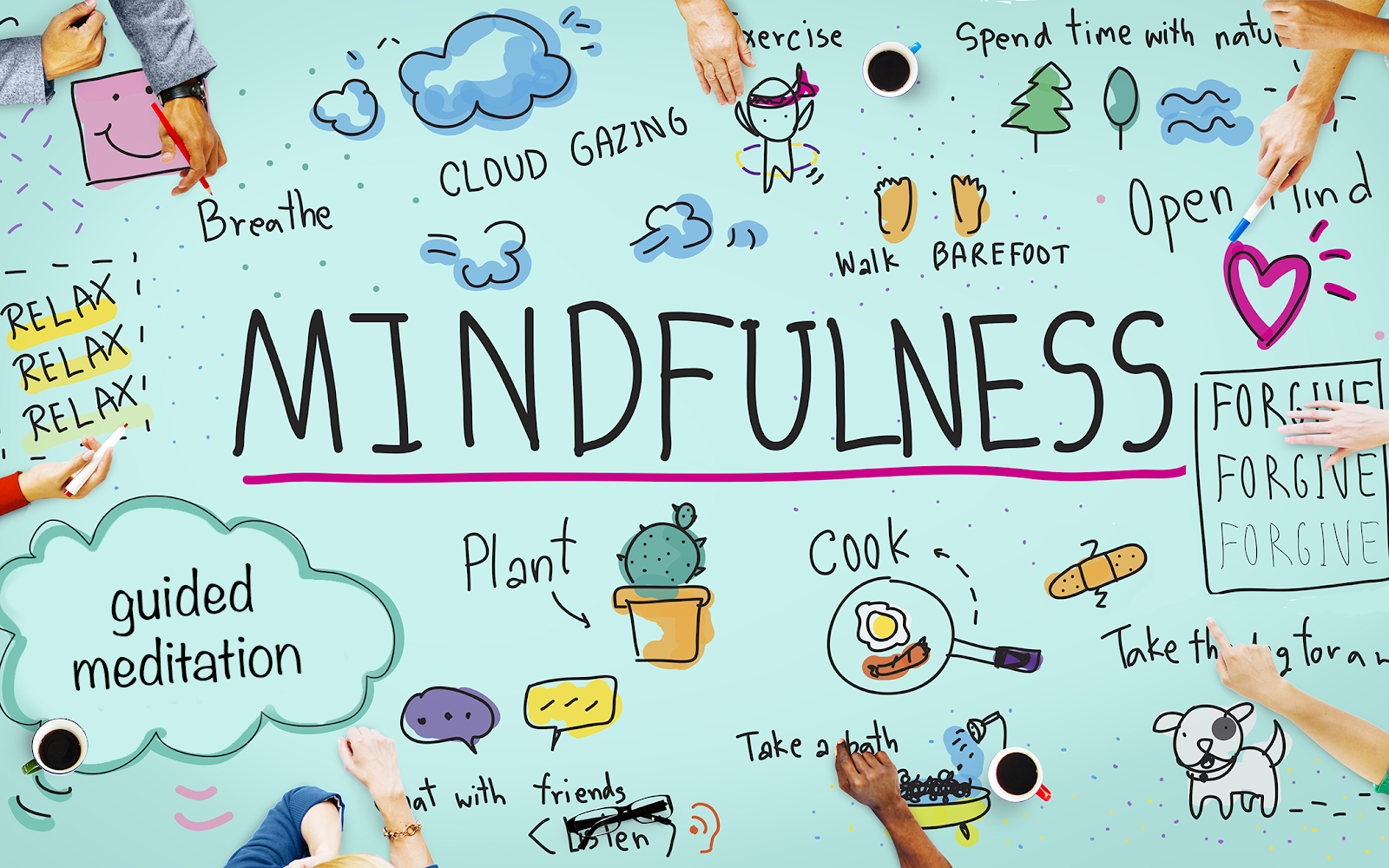 blue background with drawings of mindfulness